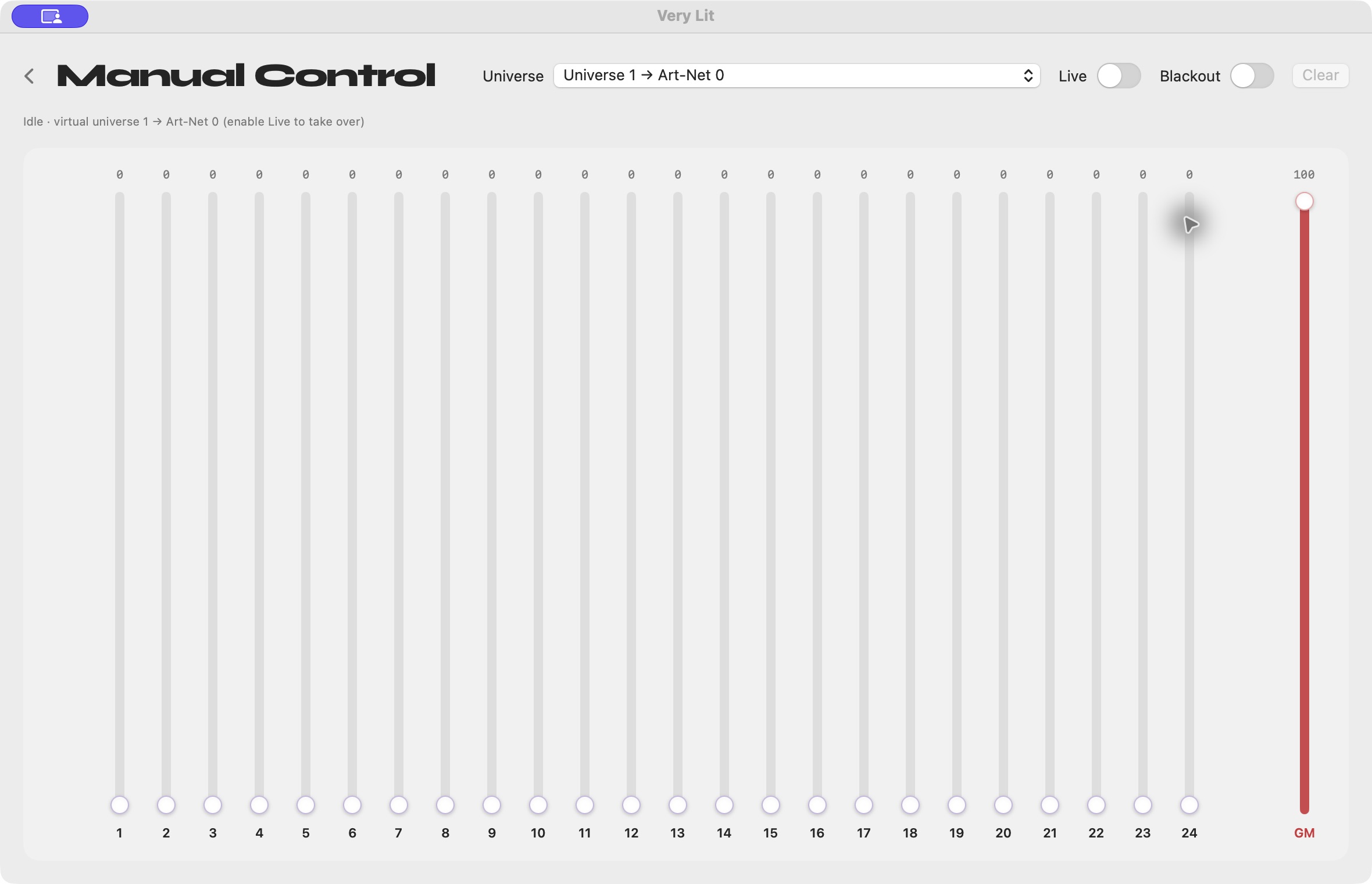 Very Lit manual desk with 24 channel faders