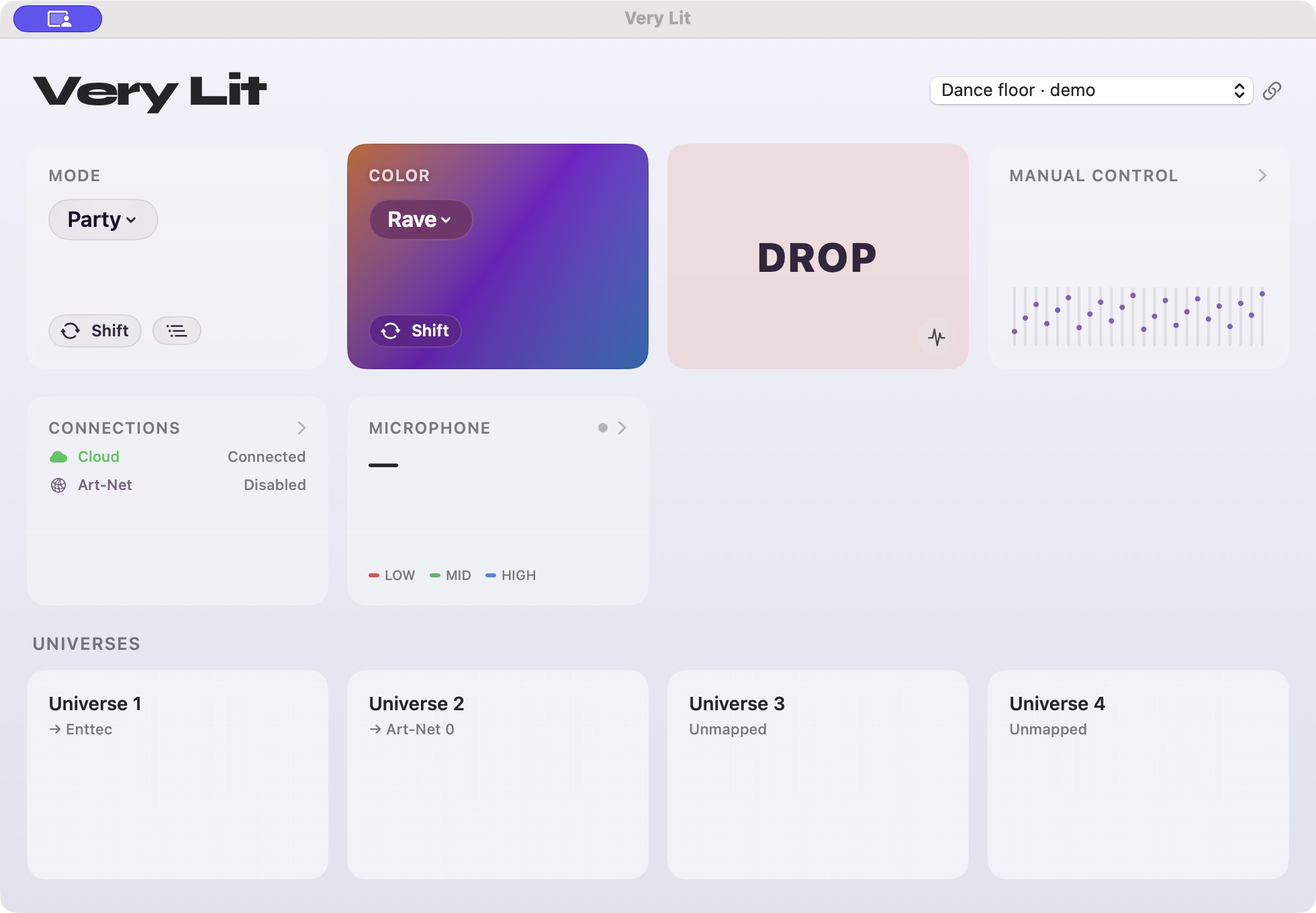 Very Lit Mac bridge dashboard showing audio input, connection and lighting controls
