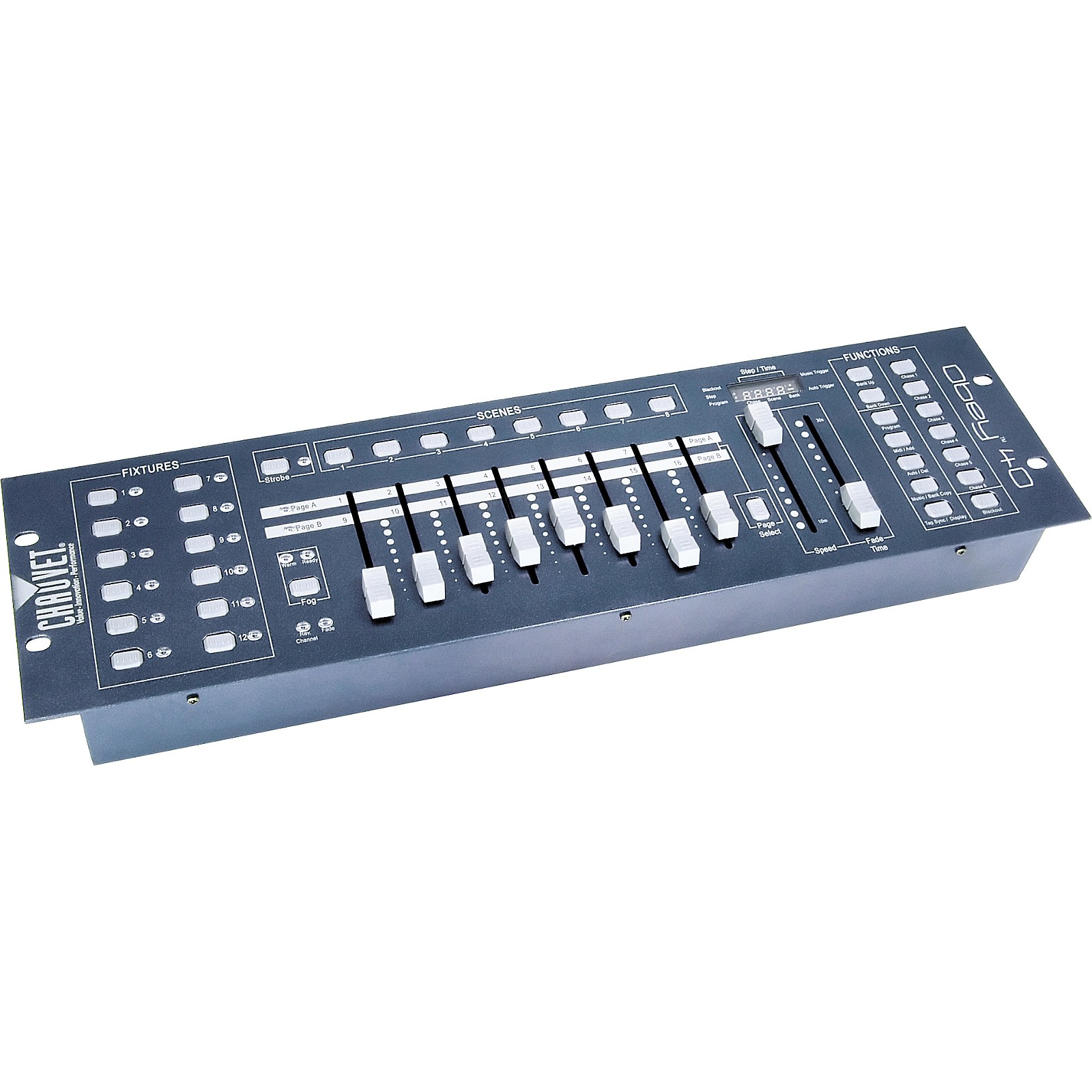 CHAUVET Obey 40 with fixture buttons, channel faders, scene buttons, speed and fade controls