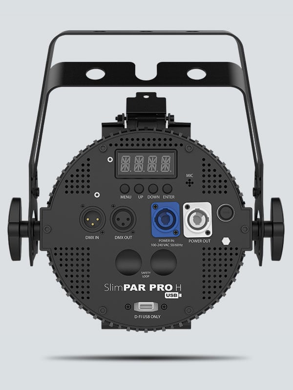 SlimPAR rear panel showing DMX IN and OUT, separate power connectors and a menu display