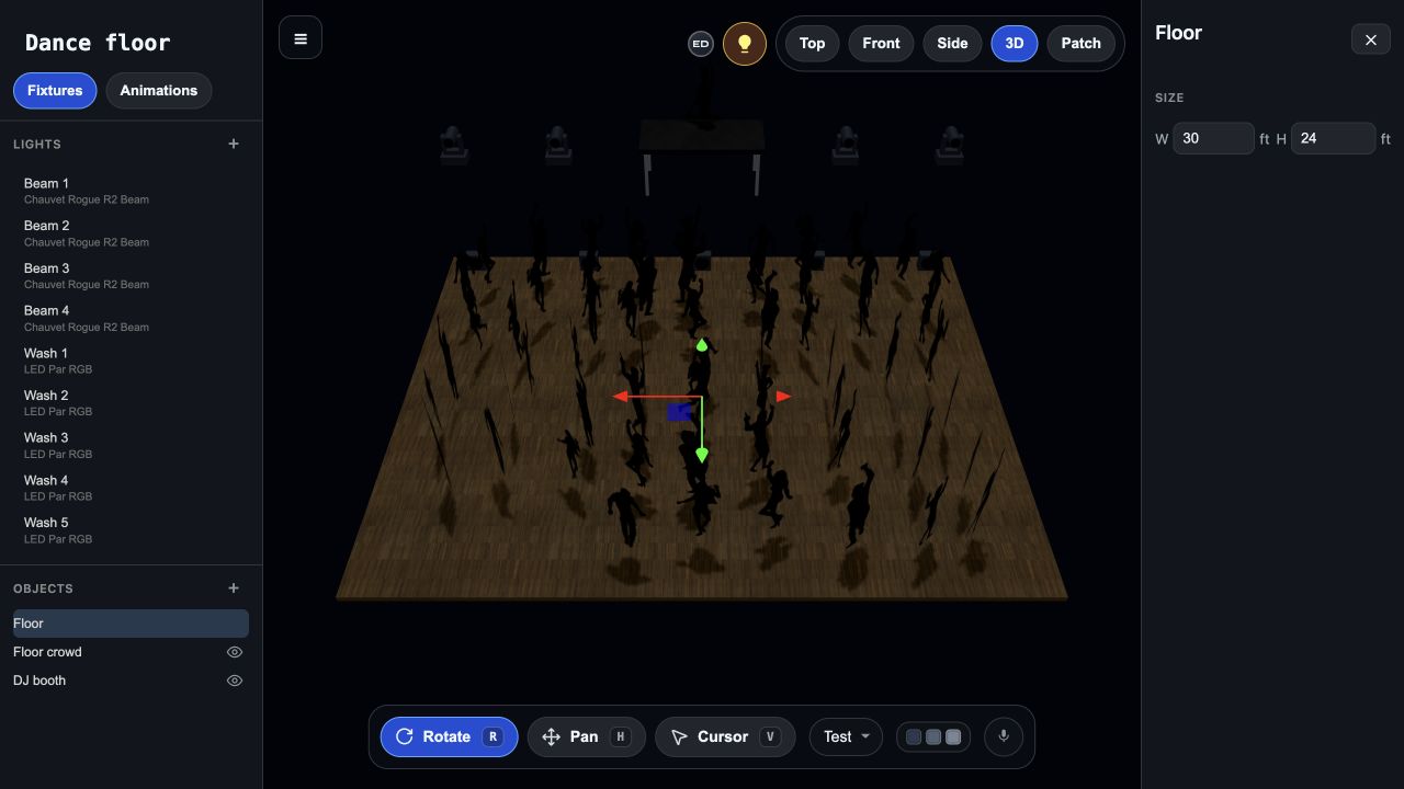 Show editor with Floor selected and width and depth controls in feet