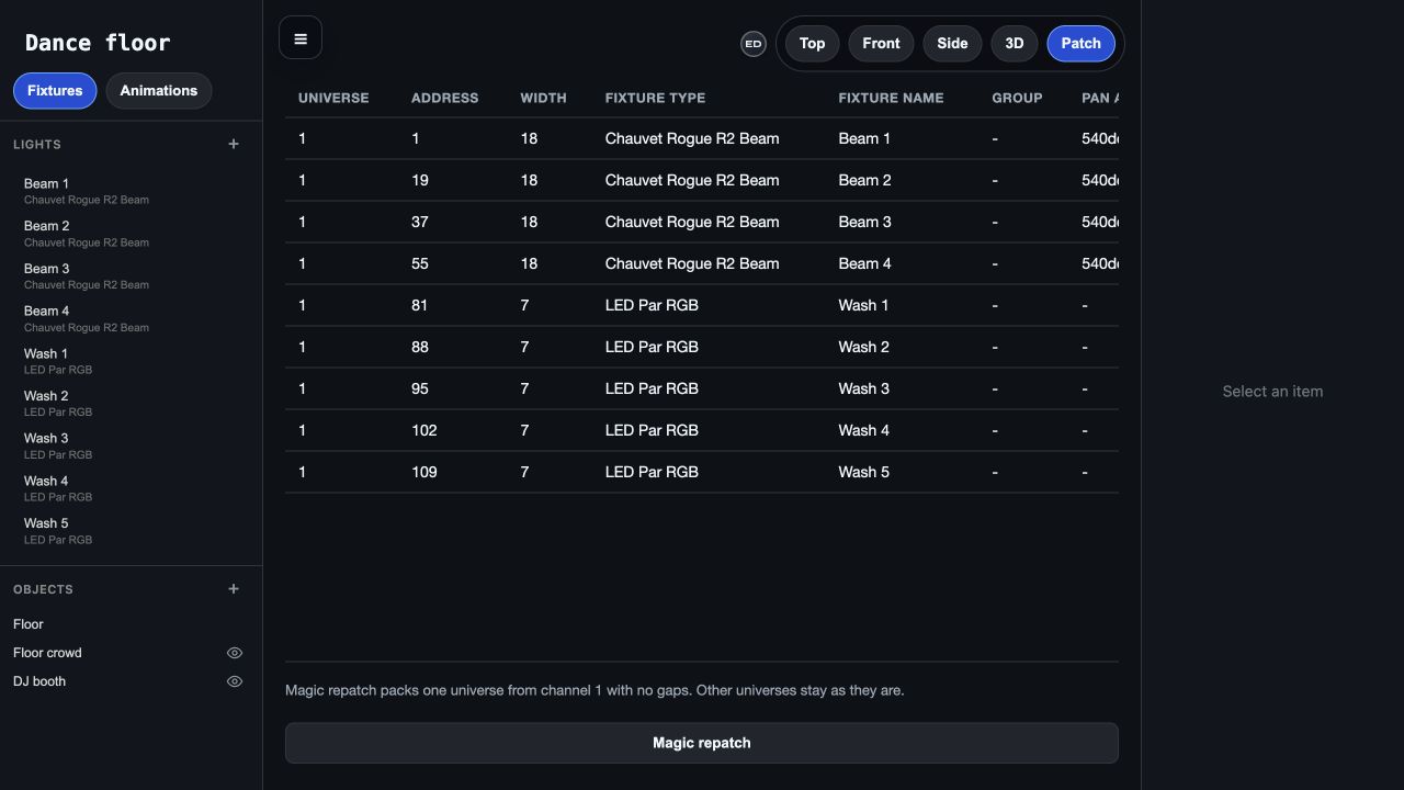 DMX patch view showing fixture universes, start addresses, and channel widths