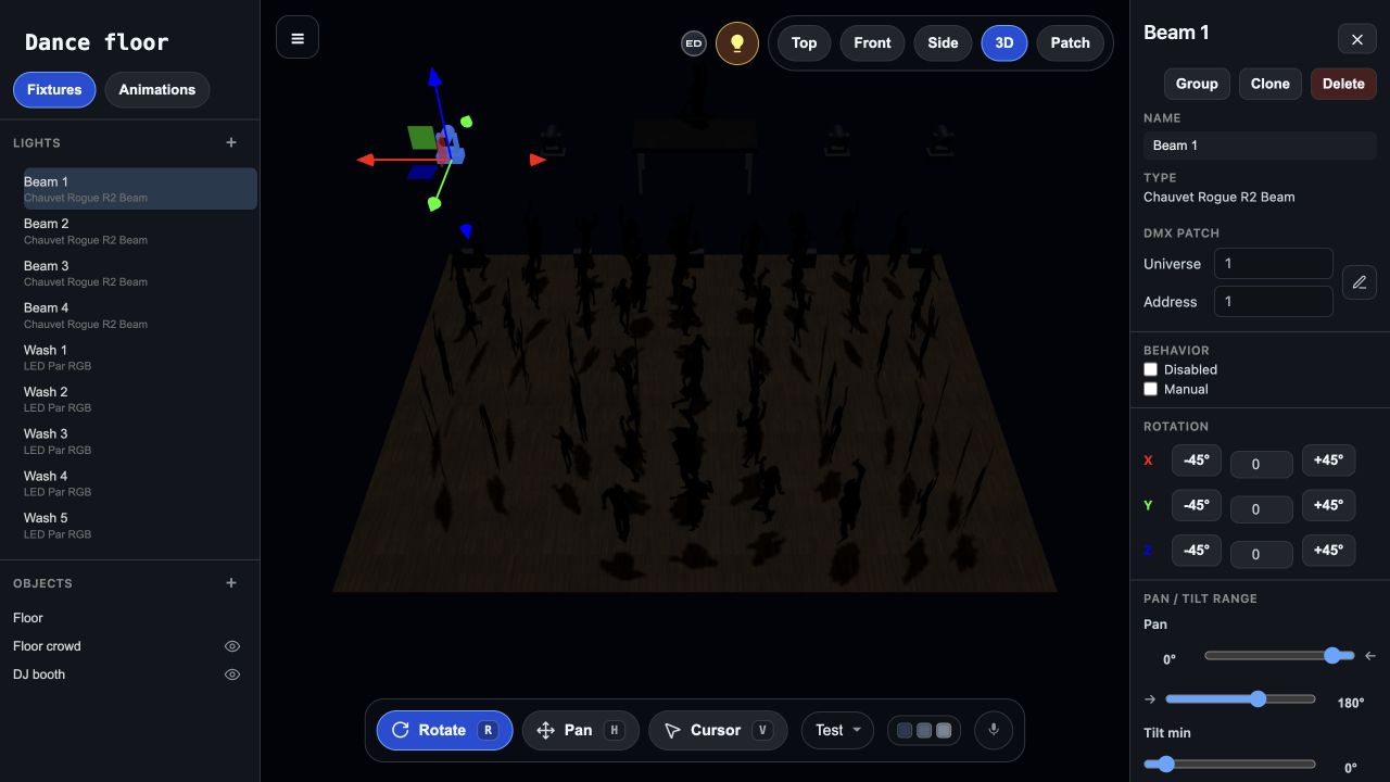 Very Lit browser-based 3D show editor with a dance floor, fixtures and simulation controls
